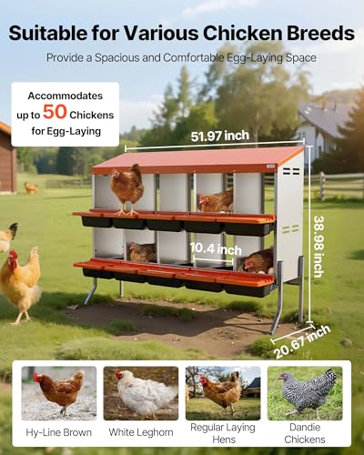 VEVOR Chicken Nesting Boxes, 10 Compartments, with Support Legs, Easy Egg Collection, Galvanized Steel and High-Strength Plastic, Roll Away Nesting Boxes for Chickens and Hens Laying Eggs, Orange - size: 52.0"L x 20.7"W x 39.0"H