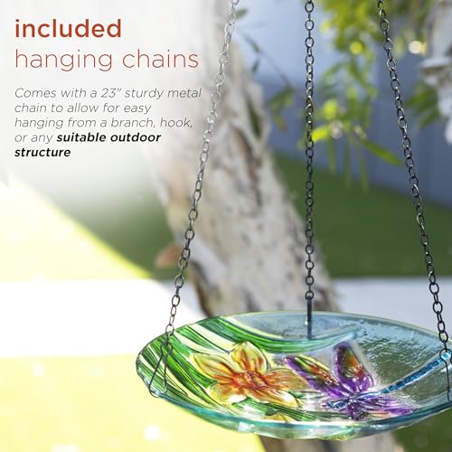 Alpine Corporation KBD158 Outdoor Hanging Glass Bird Feeder and Birdbath, Floral and Dragonfly Design with Chain, 10" W, Yellow - style: Floral and Dragonfly