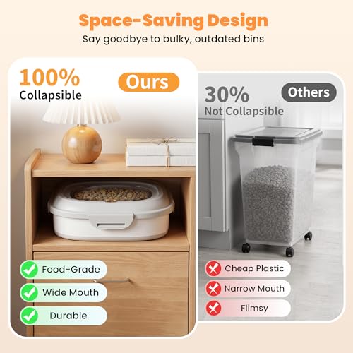 28 Lbs Dog Food Storage Container, Collapsible Cat Food Container | Airtight Pet Food Storage Containers with Wheels, Clear Window, Measuring Cup and Scoop, BPA Free for Rice, Flour, Bird Seed - color: Grey/28lbs