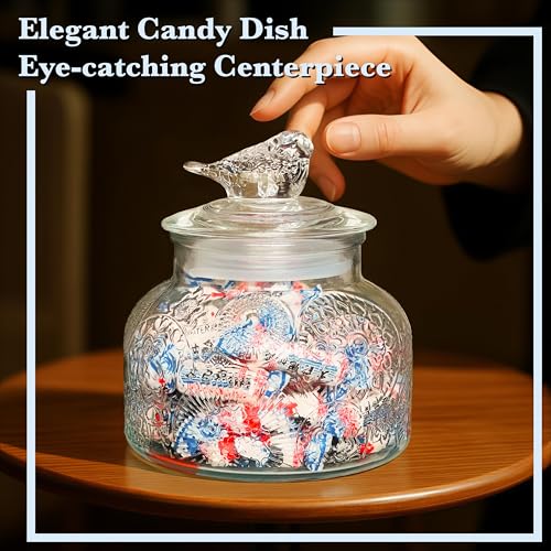 Decorative Flora Embossed Glass Jar with Glass Bird Lid, 25.4 fl. oz | Wide mouth vintage storage canister, kitchen pantry bathroom organization, coffee sugar tea cookie candy candle vase gift - size: 25.4 Ounces, style: Clear Flower - Bird Lid