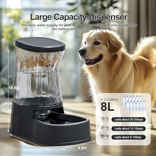 Gardner Pet Automatic Dog Water Dispenser Gravity Stainless Steel Water Waterer Feeder, 100% BPA-Free Large Capacity Water Feeding Bowls for Medium & Large-Sized Dogs,Cats, Other Pets -(2.1 Gallons) - color: Dark Grey, size: 2.1 Gallon