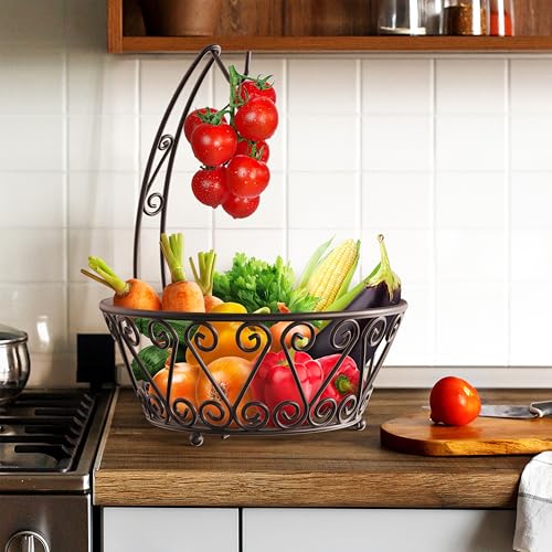 SimpleHouseware Fruit Basket Bowl with Banana Tree Hanger, Bronze - color: Bronze