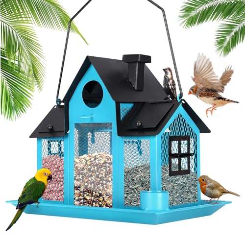 Solar Bird Feeders House for Outside Hanging, Metal Wild Bird Feeder for Outdoors Large Capacity Cardinal Birdfeeder Birdhouses Metal Bird Feeding Station Blue - color: blue