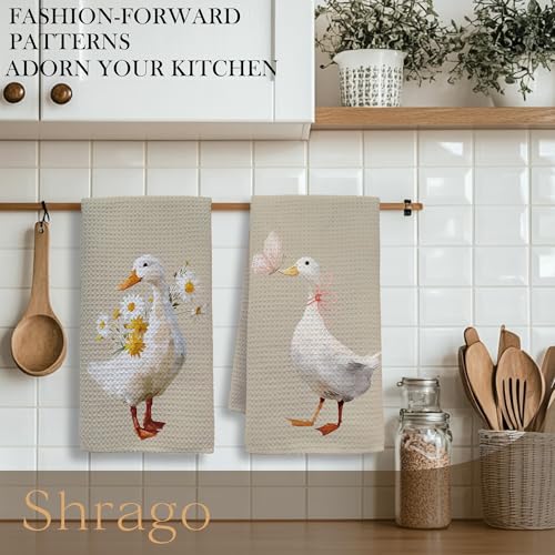 Goose Gifts Kitchen Towels, Goose Lover Gifts Dish Tea Towels for Kitchen, Farmhouse Floral Geese Butterfly Decorative Hand Towel for Bathroom Decor, 16x24 Inch Set of 2 - color: White Goose