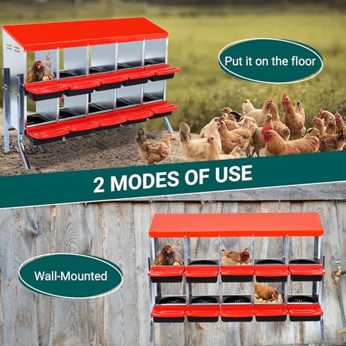 Nesting Box for Chickens, 10 Hole Chicken Nesting Box, Galvanized Steel Roll Away Nest Boxes with Lid Cover and Legs, Poultry Nest Boxes for Chickens Laying Egg, Red