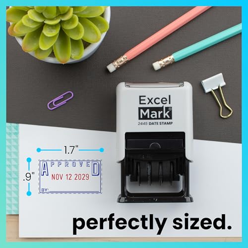 ExcelMark 2445 Date Stamp with Text - Blue and Red Ink (Gray Mount, Approved) - color: Gray Mount, size: Approved