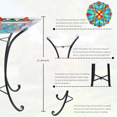 Glass Bird Bath with Metal Stand, Outdoor Bird Feeder Garden Decor | Glass Large Bird Baths Bowl with Metal Stand for Outdoors, Symmetrical Patterns Bird Feeder for Outside Garden, Patio Decor - color: kaleidoscope