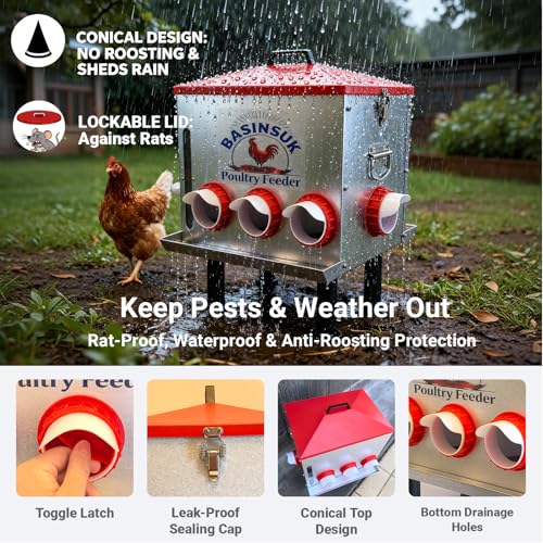 10Gal 55lb Automatic Chicken Feeder, 8 Port No Waste Chicken Feeders Rat-Proof Large Metal Poultry Feeder with Window & Catchment Tray, Adjustable Legs Waterproof Rust-Proof for Coop Outdoors