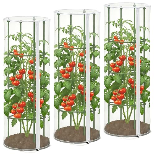 3PCS Garden Bird Netting for Tomato Cage with Zipper & Drawstring | 59"x 18" Round Tomato Trellis Garden Netting Insect Bird Barrier Protection Mesh Cage Cover for Tomato Planter Gardening Pots
