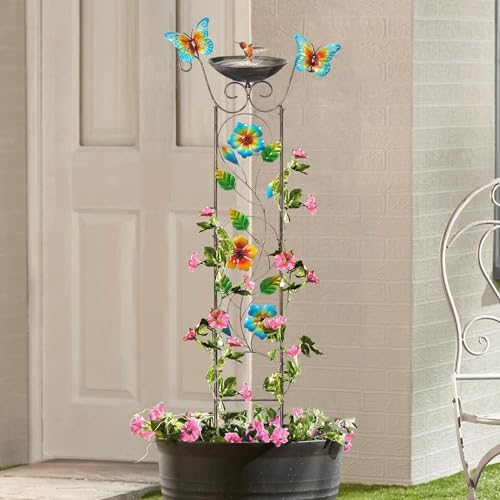 BAYN 43.5 Inch Metal Bird Bath Bowl with Garden Trellis Outdoor | Easy Install, Garden Birdbath and Plants Trellis 2 in 1, Decorative with Floral, Functional Decor for Yard Patio Lawn - style: Floral-Butterfly