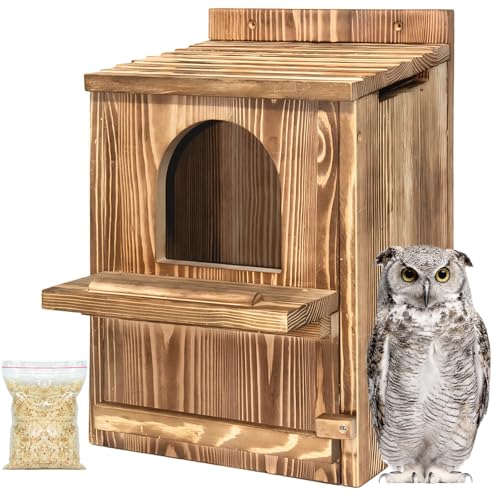 Large Owl House with Wood Shavings, Carbonized Pine Wood Nesting Box | Outdoor Owl Nesting Box with Ventilated Design and Easy Cleaning Access for Barred Owls, Screech Owls and Backyard Wildlife