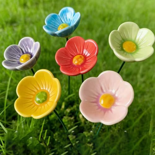6pcs Ceramic Mini Pollinator Watering Station for Garden Flower Shaped bee & Butterfly Water Drinking Cups Bath Feeder Outdoor Garden Stake Decor