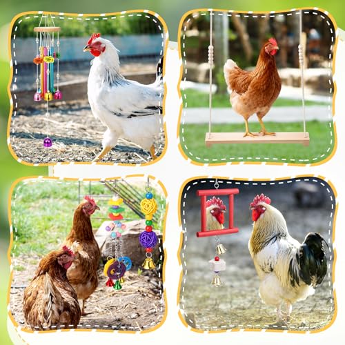 Soulchen 6 Pieces Chicken Toys for Coop Chicken Wind Chime Enrichment Toys Kits Chick Mirror with Bells Swing Hanging Chick Rattan Ball Loofah Bell for Coop Hens Chicks Poultry Birds Parrots - style: Chick Rattan Ball Loofah Bell