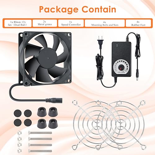 80mm Small Computer Fan with AC Plug, 110V 120V 220V 240V Fan with Speed Controller, Cooling for Gaming PC, Modem, Cabinet, Terrarium, Greenhouse