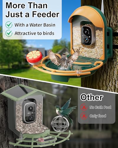 Bird Feeder with Camera, AI Recognition, Bird Bath, Solar Powered | Identify birds with AI, capture sharp 2K video, enjoy solar charging, bird bath design and instant smart app alerts. - color: Green, size: With BirdBath