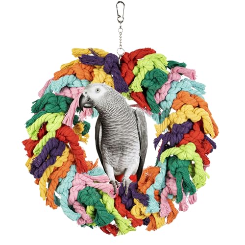 Parrot Swing for Large Birds | Colorful cotton rope hanging ring. Fits African Grey, Cockatoo, Conure, Parakeet. Encourages chewing, exercise, snuggling. - size: Parrot Swing