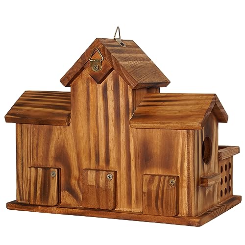 MIXUMON Bird Houses for Outside with Bird Feeder, Outdoor 3 Hole Bird House Room for 3 Bird Families Bluebird Finch Cardinals Hanging Birdhouse for Garden