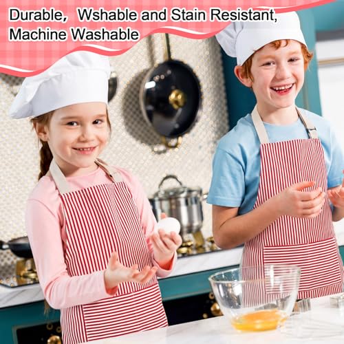 Newcotte Stripes Kids Aprons, Adjustable Cotton Bib Chef Apron with 2 Pockets for Cooking Painting Baking Toddler Boys Girls - color: Pink