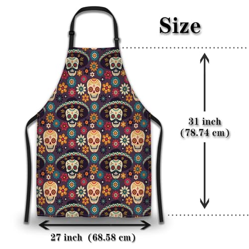 Chef Apron for Men Mexican Sugar Skulls Flowers Craft Aprons for Women for Kitchen Cooking Restaurant BBQ Painting Crafting 27” (W) x 31” (H), Waterproof Aprons - color: Mexican Sugar Skulls Flowers