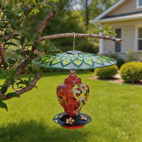 13" Large Glass Rain Cover for Bird Feeder, Peacock Weather Guard Dome | Stainless Hooks Squirrel Baffle, Dual Use Protective Shield on Shepherd Pole or Hook Hanging, Bird House Protector, Dia. 33cm - color: Peacock Feather, size: 1PC/Pack