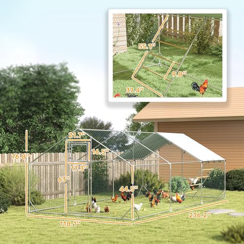 PawHut Large Metal Chicken Coop, Walk in Chicken Run with Waterproof & Anti-UV Cover, Feeding Door, Hanging Feeder, Perch, Outdoor Duck Cage Rabbit Hutch Pen, for 18-24 Poultries, 9.8' x 19.7' x 6.4' | Walk in Chicken Run, Waterproof & Anti-UV Cover, Hang