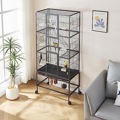Panana 69inch Height Large Bird Cages Parrot Cage Wide Flight Metal Animal Cage for Budgie Parakeet Conure with Rolling Stand Wheels (Black)
