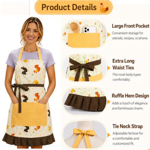 Chicken Apron for Women, Playful Farmhouse Chicken Apron with Pocket, Cute Free-Range Hen Pattern Kitchen Apron, Funny Gift for Chicken Lovers, Bakers & Moms