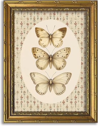DR.RiftArt Vintage Butterfly Wall Art Antique Neutral Insect Decor Painting | Canvas Floral Background Artwork Print Picture Rustic Farmhouse Style for Living Room Bedroom Office 12x16 inch Gold Framed - color: There Butterfly, size: 16"L x 12"W