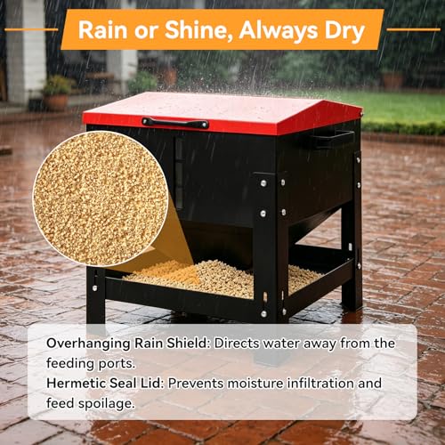 Metal Chicken Feeder 80 LBS Large Capacity, Automatic Poultry Feeder for Dry Feed with Weatherproof Lid and Handle, Heavy-Duty Metal Gravity Feed Dispenser for Outdoor Coop, Chickens, Ducks