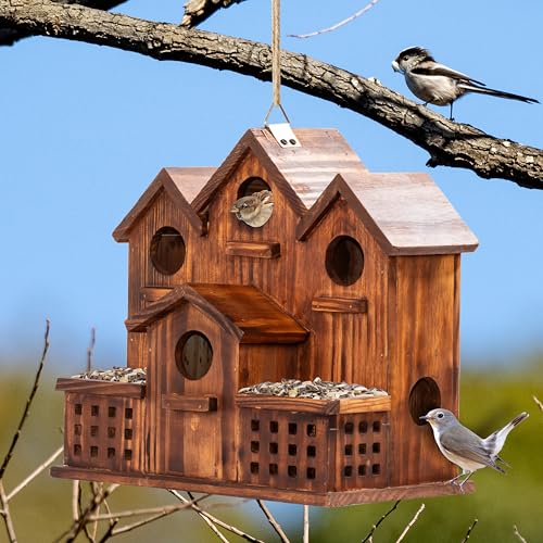 MIXUMON Bird House Outdoor with Feeder, 6-Room Wooden Birdhouse for Outdoors & Outside, Carbonized Pine Wood Bird Houses with 1.57” Entrance & Easy Clean-Out Doors - color: Carbonize