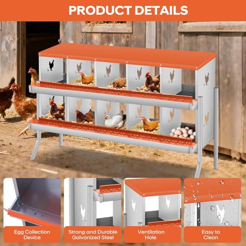 Garvee Chicken Nesting Box, 10 Compartments Nesting Box for Chickens, Galvanized Steel Chicken Laying Box for Easy Egg Collection, Wall Mounting - color: Orange | 10 Compartment+legs