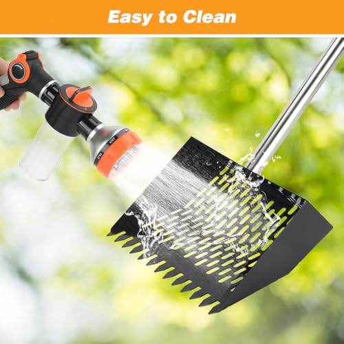 Rypet Chicken Poop Scooper & Rake 2-in-1, 36-74 in Stainless Steel Handle | 10-Inch Sifting Scoop, Sifting Holes with Side Rims, Long Handle Helps Reduce Bending, Rinses Clean, Wall Clip Storage