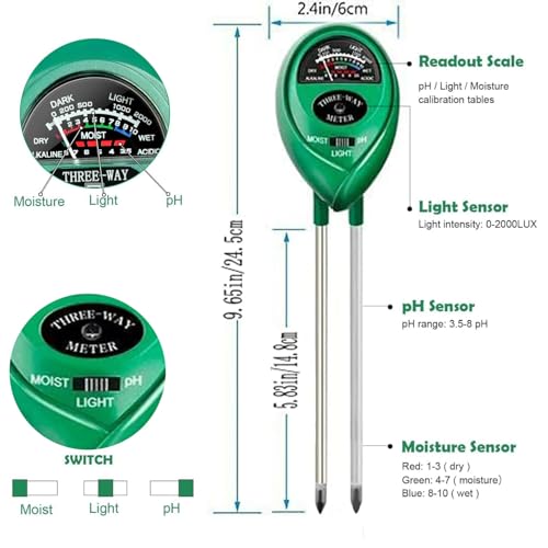 Soil Tester, Soil Test Kit Acidity Water, 3-in-1 Plant Moisture Meter Light/Moisture/PH Tester for Home, Garden, Lawn, Farm, Indoor and Outdoor Use, Promote Plants Healthy Growth - color: GREEN