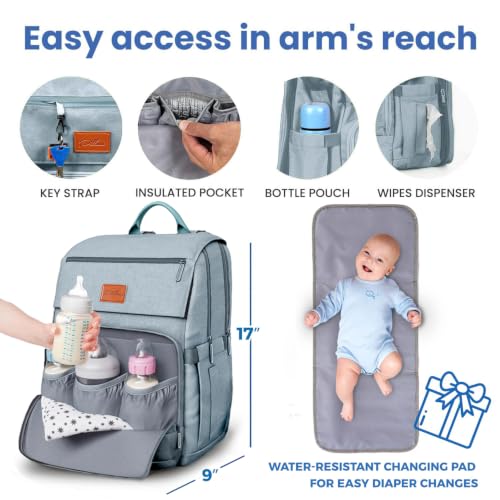 Baby Shower Gifts Diaper Bag Backpack - Large Capacity Baby Bag Backpack, Wide Opening & Easy Access Stylish Baby Diaper Bag - Waterproof, Durable, Travel-Friendly Organizer w/ Foldable Changing Pad - color: L. Light Blue, style: Classic