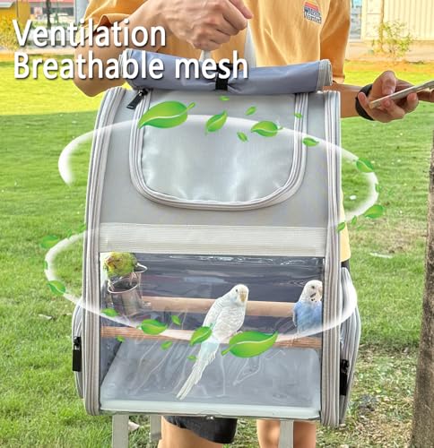 Bird Carrier,Travel Bird Cage,Bird Backpack for Small Birds Parakeet,Canary,Parrot, Finches,Cockatiel.Portable Outdoor Bird Bag with 2 Wooden Perch, Double-Clamp Cup, Detachable Poop Tray (Gray)