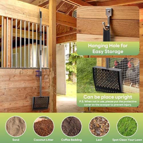 Chicken Poop Scooper & Rake 2-in-1, Adjustable 24'' to 66'' Metal Sand Sifting Shovel for Coop Cleaning, Effortless for Chicken Duck Rabbit Cages, Cat Litter, Fire Ash, Saving Time & Energy