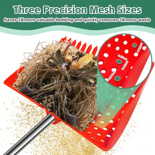 12" 2-in-1 Chicken Poop Scooper & Rake, 3-Shape Sifting Holes Chicken Coop Rake, Stainless Steel Handle (20–61") - Litter Scooper & Sand Sifting Shovel (U.S. Patent No. D1124534) - Red - color: Red