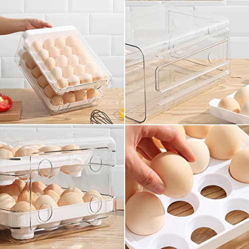 HOMQUEN Egg Holder, Clear Plastic - 2 Layer/40 Grid Egg Tray & Fresh Storage Box for Fridge