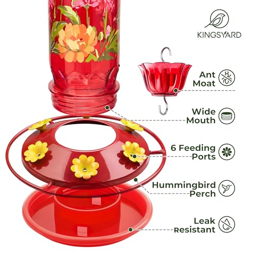 Kingsyard 2 Pack Hummingbird Feeders for Outdoor Hanging - Charming Patterned Glass Humming Bird Feeder with 6 Feeding Ports and Ant Moat, Ideal Gift Choice for Bird Lovers, Red | Extra-Wide Mouth Bottle for Easy Cleaning, 6 Feeding Ports, Built-In Ant Mo