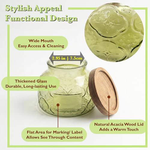 Decorative Green Embossed Glass Jar with Airtight Wooden Lid, 25.4 fl. oz | Wide mouth vintage storage canister, kitchen pantry bathroom organization, coffee sugar tea cookie candy candle vase gift - size: 25.4 Ounces, style: Green Celandine