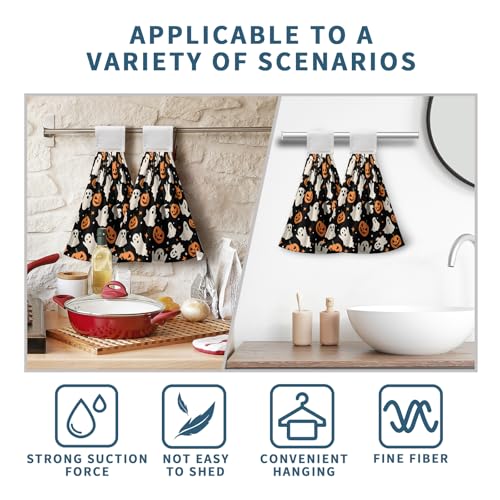 Halloween Ghost Pumpkin Hanging Kitchen Towels Set of 2 Spooky Scary Hand Towels with Hanging Loop Seasonal Holiday Oven Stove Dish Washcloths Soft Absorbent Bath Tie Towel - color: Halloween Ghost Pumpkin