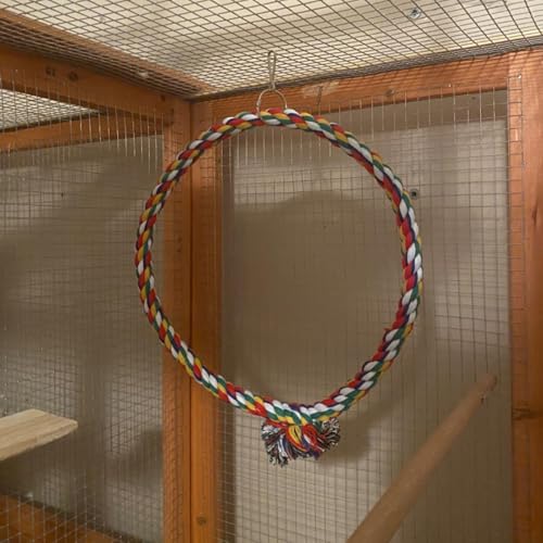 Colorful Bird Cotton Rope Swing Perch Climbing Stand Toy, Large Circle Cage Hanging Toy for Cockatiel Conure Cockatoo Parakeet Cage Hanging Decor (Small)
