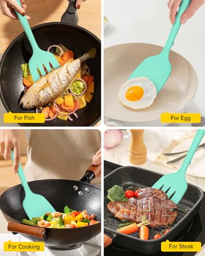 Pack of 2 Silicone Spatula Turners, Non Stick Slotted Kitchen Spatula Set, Heat Resistant BPA Free Kitchen Utensils, One-Piece Design, Suitable for Flipping Fish, Eggs, Steak, Pancakes (GREEN) - color: Green