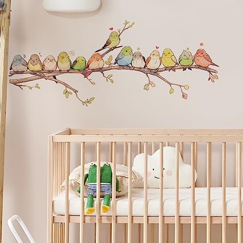 Cartoon Birds on The Branch Wall Decal Animal Wall Sticker | Removable peel and stick wall art for nursery, classroom, preschool, living room, bedroom, and bathroom