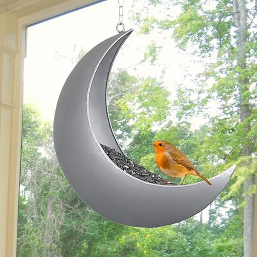 Hanging Moon Bird Feeder – Unique Metal Bird Feeders for Outdoors, Silver Rust-Resistant, – Wild Bird Feeder for Bluebirds, Cardinals, Finches, and Backyard Birdwatching - color: Silver
