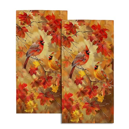 Fall Birds Hand Towels Set of 2, 14x28 Inch Autumn Rustic Maple Leaves Thanksgiving Harvest Decorative Tea Towel Drying Baking Cooking Wash Cloth for Bathroom Kitchen Decor - color: Maple Birds