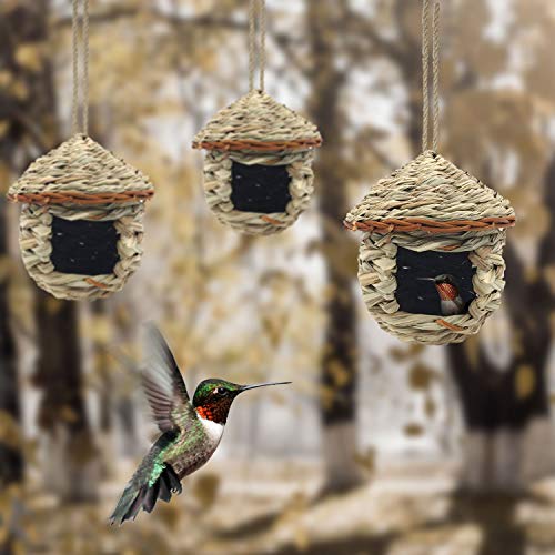 3 Pack Hummingbird House, Hand Woven Bird Nest for Outdoors Hanging | Humming Birdhouse, Small Grass Bird Houses for Outside, Natural Fiber Bird Hut Roosting Pocket for Finch Canary Chickadee