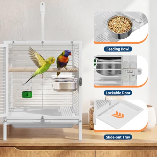 25.9''H Travel Bird Cage for Small Parrots Wrought Iron Portable Carrier Parrot Cage with Food Bowl/Perch, Slide-Out Tray for Canaries Budgies Parrotlets Lovebirds Conures Cockatiels, White | Wrought Iron Portable Carrier Parrot Cage w/ Slide-Out Tray for