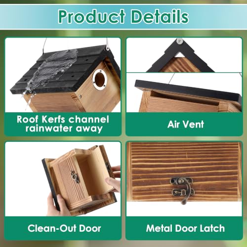 Dreyoo 2 Pack Wren House, 1-1/8'' Entrance Hole Hanging Wooden Wren Bird Houses for Outside with Metal Guard, Air Vents, Pine Wood for Chickadees (Black,Burnt Wood Color) - color: Black, Burnt Wood Color