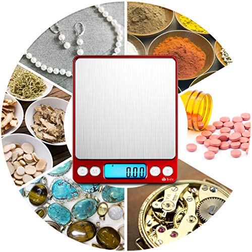 AMIR Upgraded Digital Kitchen Scale, 500g Mini Pocket Jewelry Scale, Cooking Food Scale with Back-Lit LCD Display, 2 Trays, 6 Units, Auto Off, Tare, Stainless Steel (Batteries Included) - color: Red